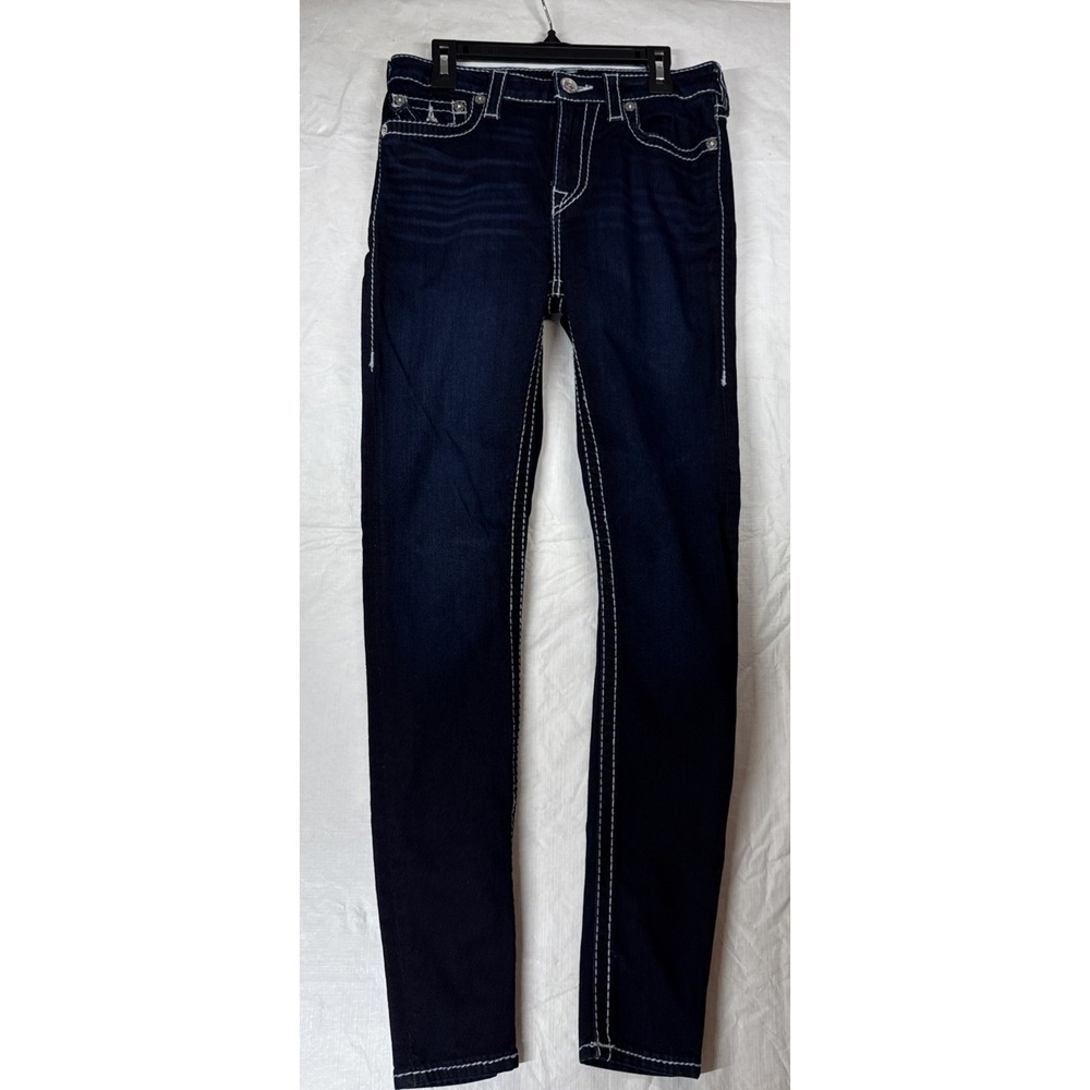 True Religion Womens 28 Halle High Rise Skinny Jeans Big T Flap Hidden Moon Blue
